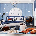 Kids Room Interior Design With Blue Walls Moon Cloud Patterns Circular Chandelier And Giraffe Plush