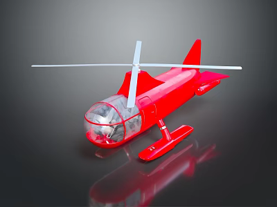 Red Toy Helicopter With Transparent Cockpit And White Propeller On Reflective Surface 3d model
