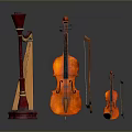 Classical Wooden String Musical Instruments Equipment Display With Harp Cello And Violin 3d model