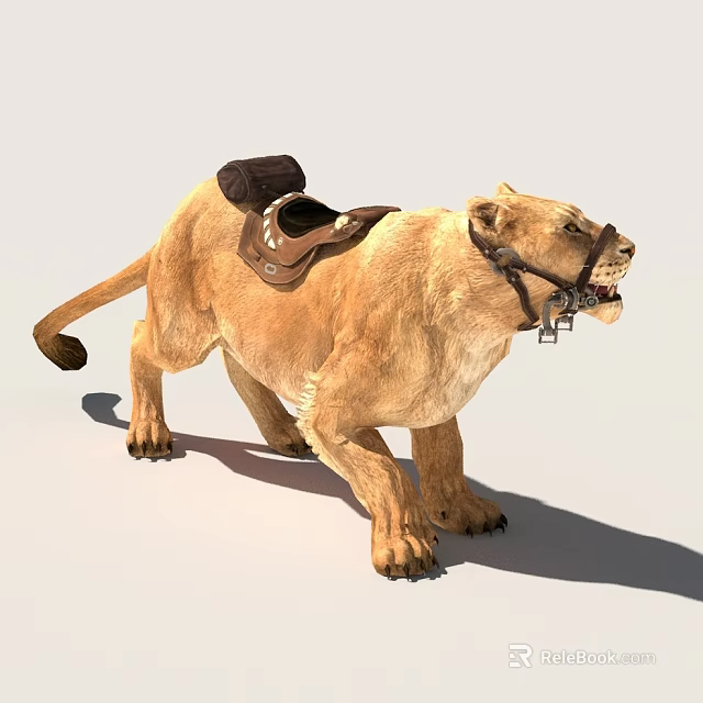 Detailed Lion With Leather Saddle And Bridle Displaying Open Mouth 3d model 