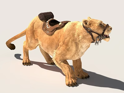 Detailed Lion With Leather Saddle And Bridle Displaying Open Mouth 3d model