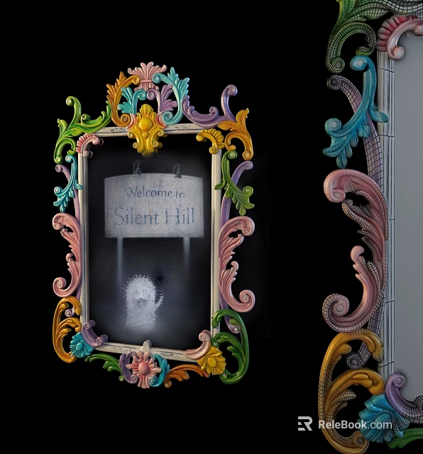 Decorative Mirror With Colorful Ornate Frame and Welcome to Silent Hill Sign 3d model 