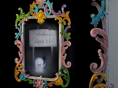 Decorative Mirror With Colorful Ornate Frame and Welcome to Silent Hill Sign 3d model