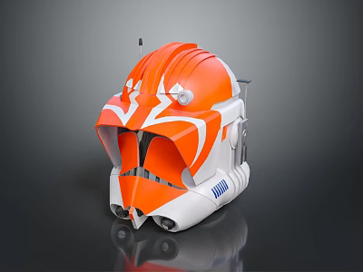 Futuristic Weapon Helmet With Orange And White Armored Design And Air Vents 3d model