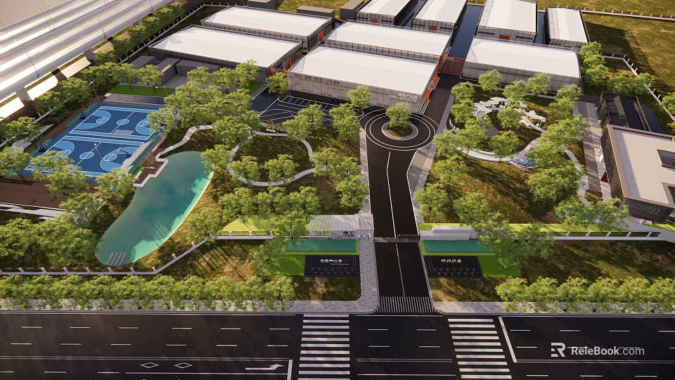 Aerial Garden Landscape Design With Green Spaces Trees Pathways Water Feature And Parking Areas 3d model 