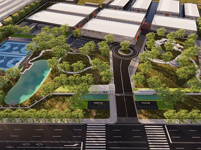 Aerial Garden Landscape Design With Green Spaces Trees Pathways Water Feature And Parking Areas 3d model