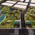 Aerial Garden Landscape Design With Green Spaces Trees Pathways Water Feature And Parking Areas