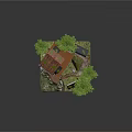 Rustic Log Cabin With Red Tile Roof Wooden Deck Pine Trees Small Stream And Rocks