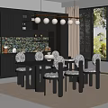 Modern Restaurant Interior With Dark Cabinets Mural Pendant Lights Dining Table And Upholstered Chairs