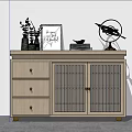 Light Wood Entryway Console Cabinet With Lattice Doors Drawers And Decorative Vase Photo Frame