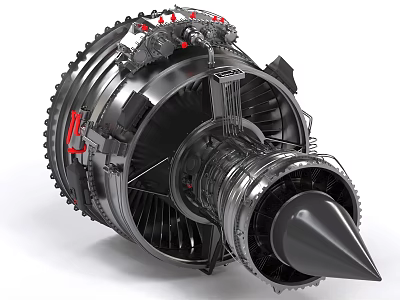 High Performance Aircraft Engine Featuring Metallic Turbine Blades And Cone Shaped Nose 3d model