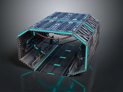 Cartoon Scene of Futuristic Solar Panel Structure with Metal Frame and Blue Neon Lights Interior 3d model