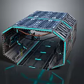 Cartoon Scene of Futuristic Solar Panel Structure with Metal Frame and Blue Neon Lights Interior