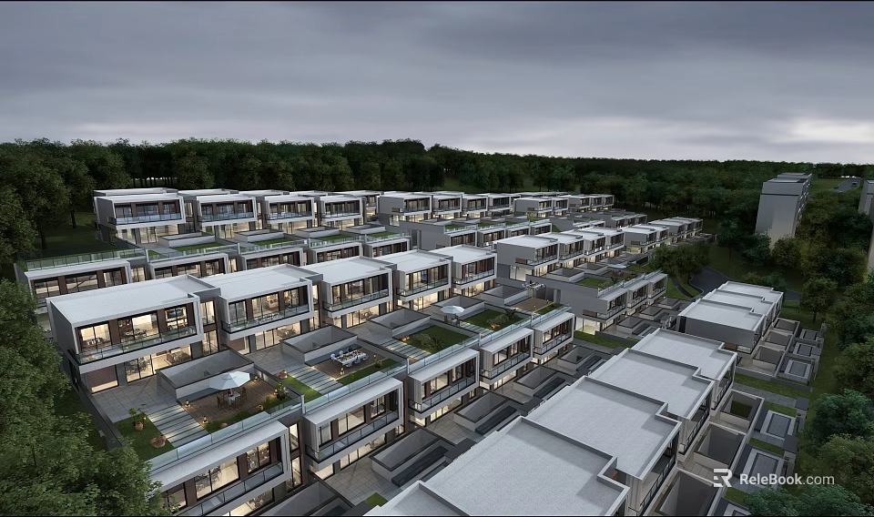 Modern Row Townhouses With Flat Roofs Large Windows And Green Courtyards 3d model 