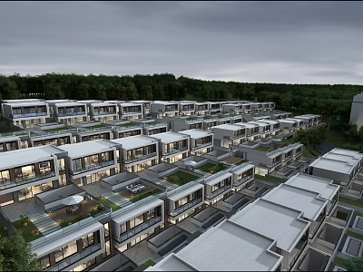 Modern Row Townhouses With Flat Roofs Large Windows And Green Courtyards 3d model