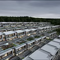 Modern Row Townhouses With Flat Roofs Large Windows And Green Courtyards