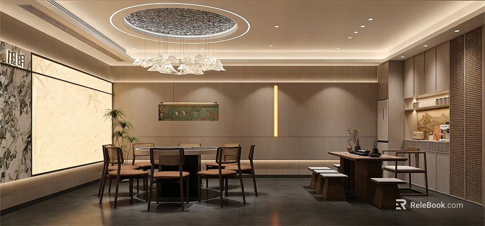 Private Dining Room Interior with Round Chandelier Wooden Table Chairs Light Walls Decorative Painting 3d model 