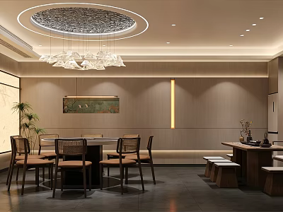 Private Dining Room Interior with Round Chandelier Wooden Table Chairs Light Walls Decorative Painting 3d model