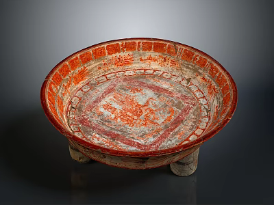 Hand Carved Tripod Plate With Orange Red Decorative Patterns And Intricate Sculpted Details 3d model