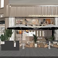 Modern Coffee Shop Exterior With Outdoor Seating Patio Umbrellas Green Plants And Coffee Cake Bread