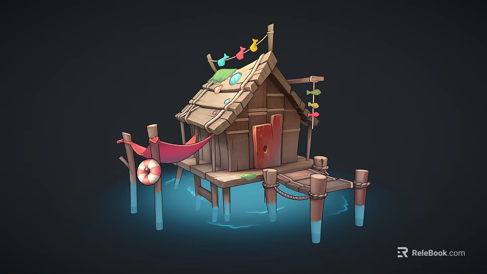 Scenic Wooden Cabin Built on Water with Wooden Pillars Colorful Flags Red Door and Hammock 3d model 