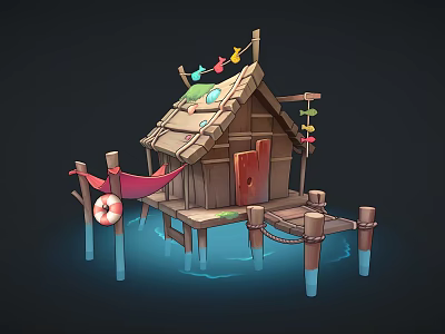 Scenic Wooden Cabin Built on Water with Wooden Pillars Colorful Flags Red Door and Hammock 3d model