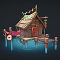Scenic Wooden Cabin Built on Water with Wooden Pillars Colorful Flags Red Door and Hammock