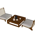 Wooden Tea Table And Chairs With Rattan Backrest And Fabric Cushions Plus Ceramic Tea Set