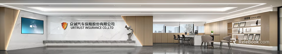 Modern Office Reception Area with Marble Wall Wooden Paneling Art Sculpture and City View Window 3d model 