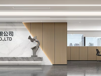 Modern Office Reception Area with Marble Wall Wooden Paneling Art Sculpture and City View Window 3d model