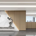 Modern Office Reception Area with Marble Wall Wooden Paneling Art Sculpture and City View Window