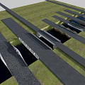 Modern Landscape Bridge Design With Multiple Structures Grass Areas And Water Channels