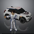 Cartoon Racer Character In Racing Suit Standing By White Car With Graphics And Alloy Wheels