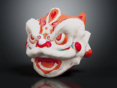 Traditional Lion Dance Head With Orange White Patterns And Decorative Mane 3d model