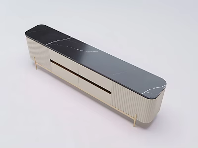 Modern Minimalist TV Stand With Black Marble Top White Cabinet And Thin Gold Legs 3d model