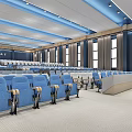 Modern Large Conference Room With Neatly Arranged Blue Gray Seats And Front Large Screen
