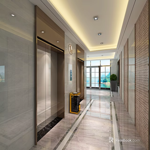 Elevator Corridor Modern Design With Marble Flooring Large Windows And Green Plant 3d model