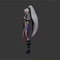 Detailed Game Movie Character with Silver Armor Purple Tight Pants and Red Bladed Weapons