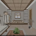 Japanese Style Interior Design With Tatami Wooden Ceiling Shoji Doors And Green Plant