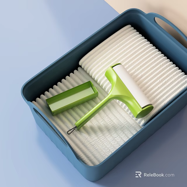 Blue Storage Basket With Green Lint Roller And White Cleaning Cloths For Home Organization 3d model 