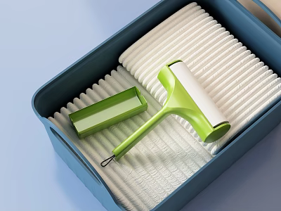 Blue Storage Basket With Green Lint Roller And White Cleaning Cloths For Home Organization 3d model