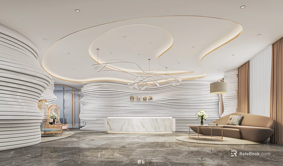 Beauty Salon Modern Interior Design With Wavy Walls Marble Reception Sofa And Chandeliers 3d model 