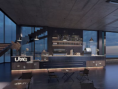Stylish Modern Café Interior With Bar Counter Coffee Machines Tables Chairs Large Windows Pendant Lights 3d model