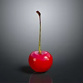Fresh Red Cherry With Green Stem And Glossy Surface On Gray Background