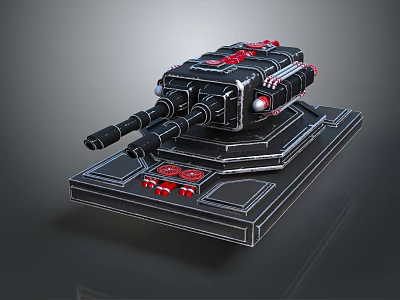 Black And Red Mechanical Weapon With Cannon Barrel On Display Base 3d model
