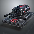 Black And Red Mechanical Weapon With Cannon Barrel On Display Base 3d model