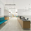Clean Modern Hospital Corridor With Glass Partitions Blue Bench And Tile Floor