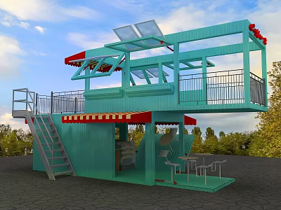 Green Modular Building With Solar Panels Outdoor Seating And Red White Awning 3d model