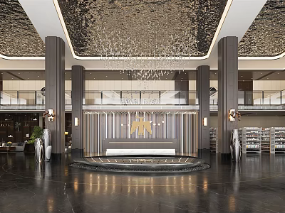 Elegant Storefront Reception Desk Interior With Shimmering Chandelier High Ceiling And Marble Counter 3d model