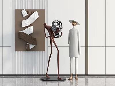 Modern Interior Featuring Abstract Sculptures Brown Figure White Hat Spiral Object And Wall Art 3d model